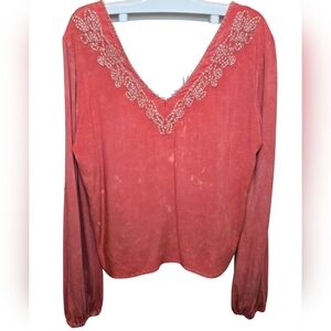 Gimmicks by BKE Terra Cotta Colored Blouse with Lace Detail